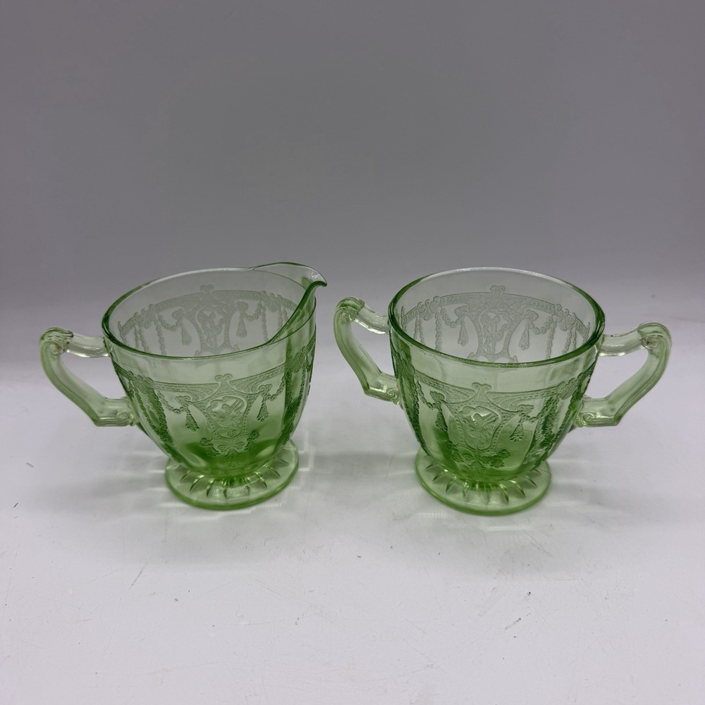 Vintage Anchor Hocking Green Uranium Glass Cameo Ballerina Creamer & Sugar Set